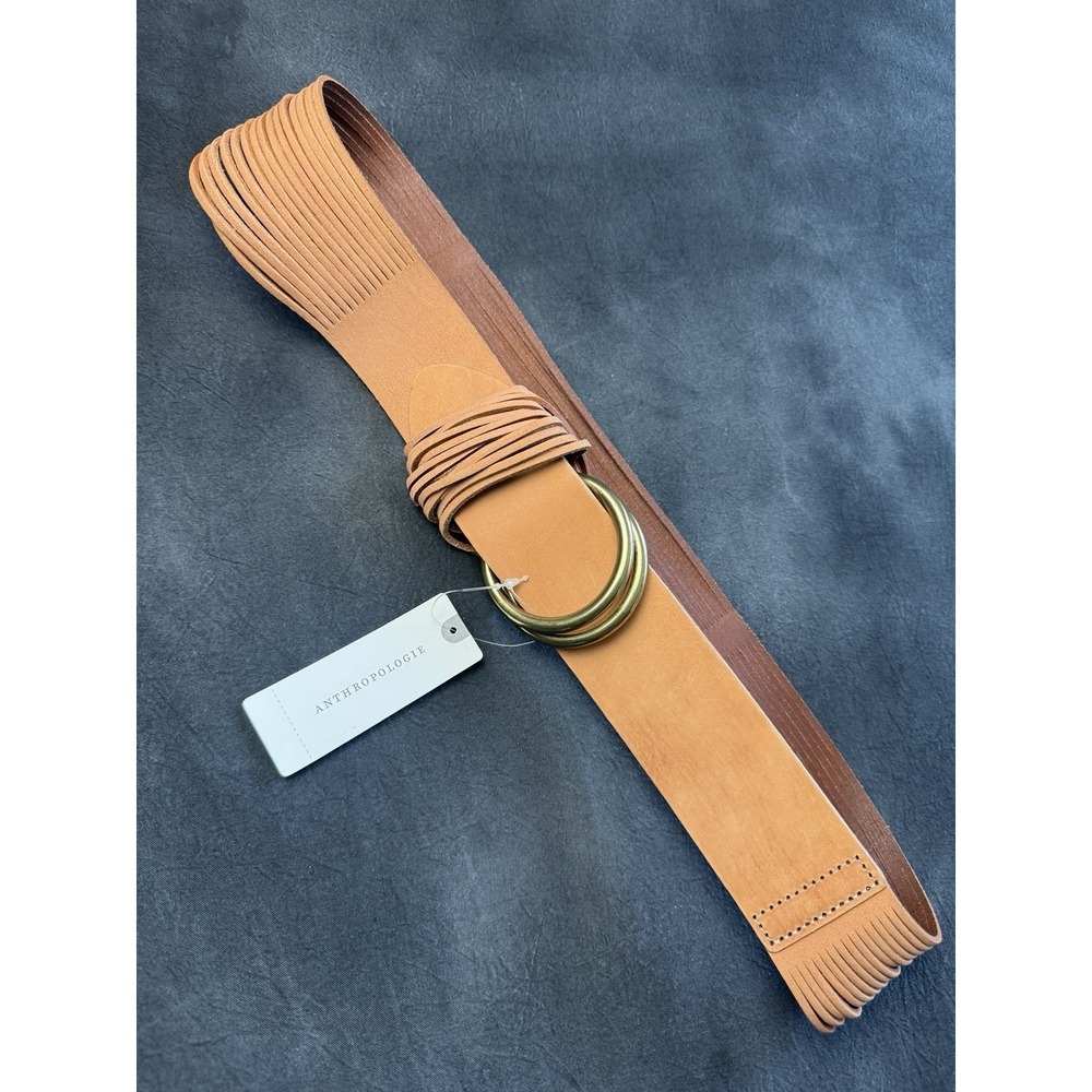 Anthropologie Leather Wrap Belt Boho Chic Strappy Fringe Cognac Tan M/L